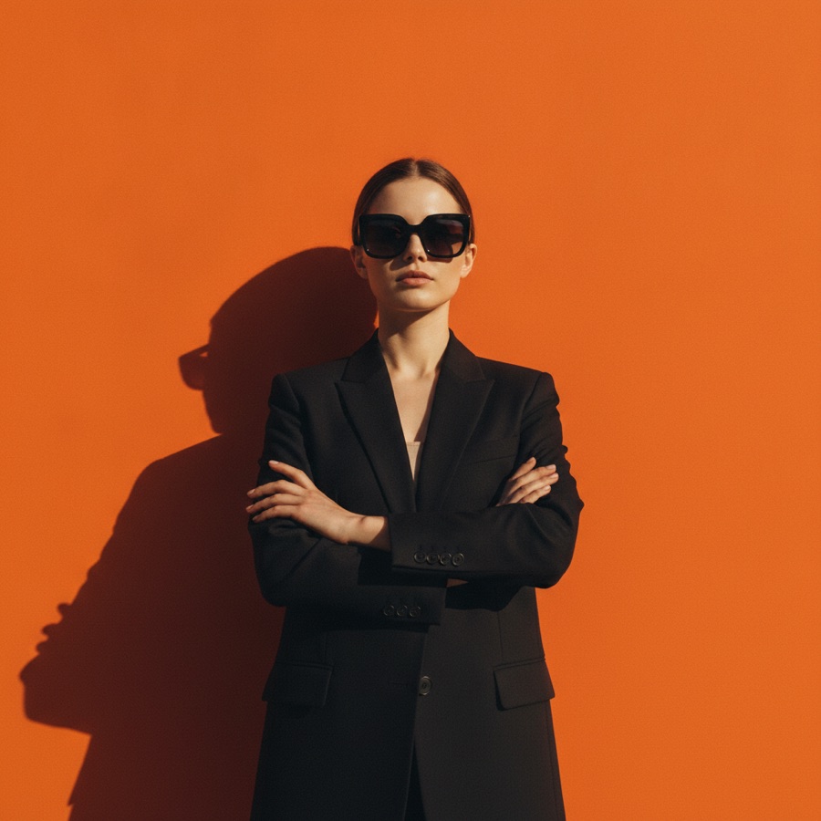 Portrait éditorial d'une professionnelle confiante sur fond orange vif